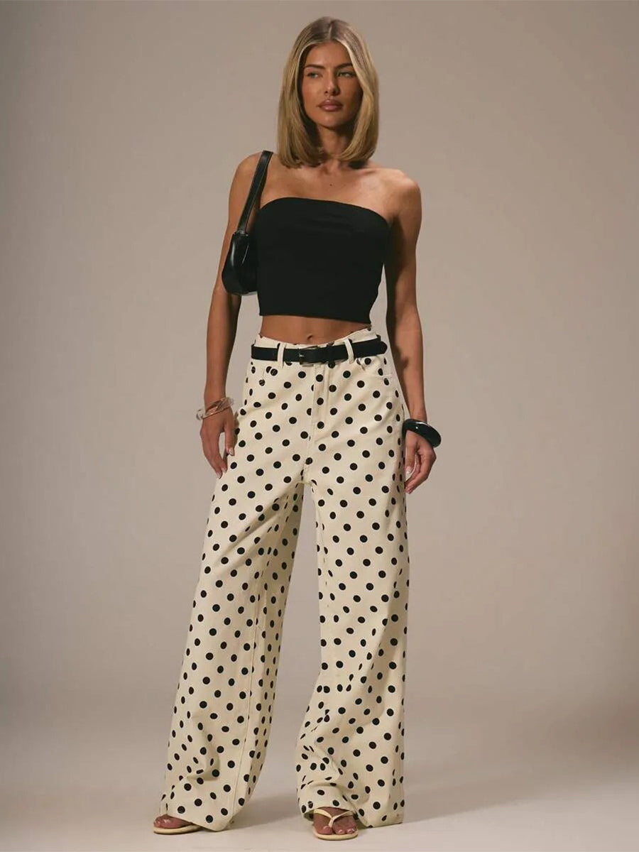 Polka Dot Wide Leg Jeans For Women - Retro Inelastic Straight Trousers - Spring Chic Streetwear 2026