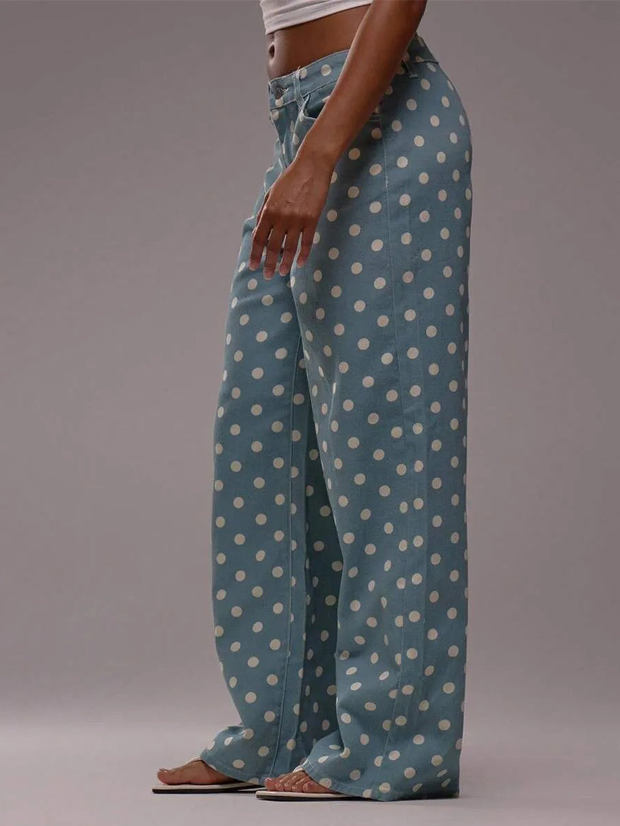 Polka Dot Wide Leg Jeans For Women - Retro Inelastic Straight Trousers - Spring Chic Streetwear 2026