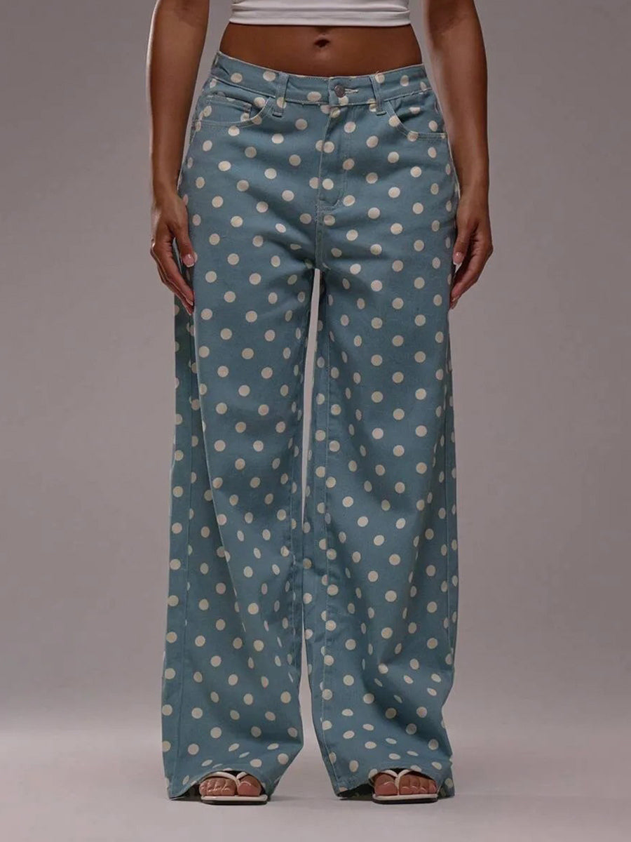 Polka Dot Wide Leg Jeans For Women - Retro Inelastic Straight Trousers - Spring Chic Streetwear 2026