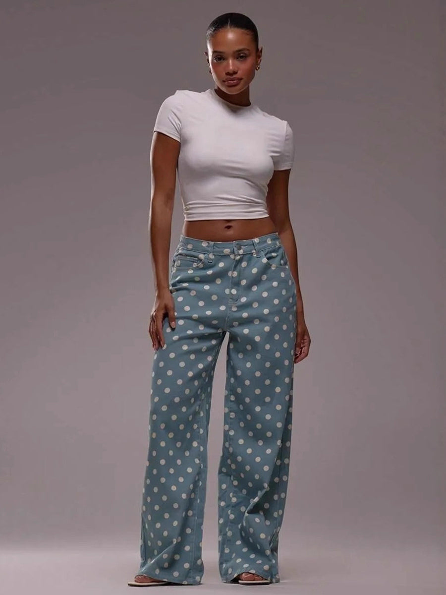 Polka Dot Wide Leg Jeans For Women - Retro Inelastic Straight Trousers - Spring Chic Streetwear 2026