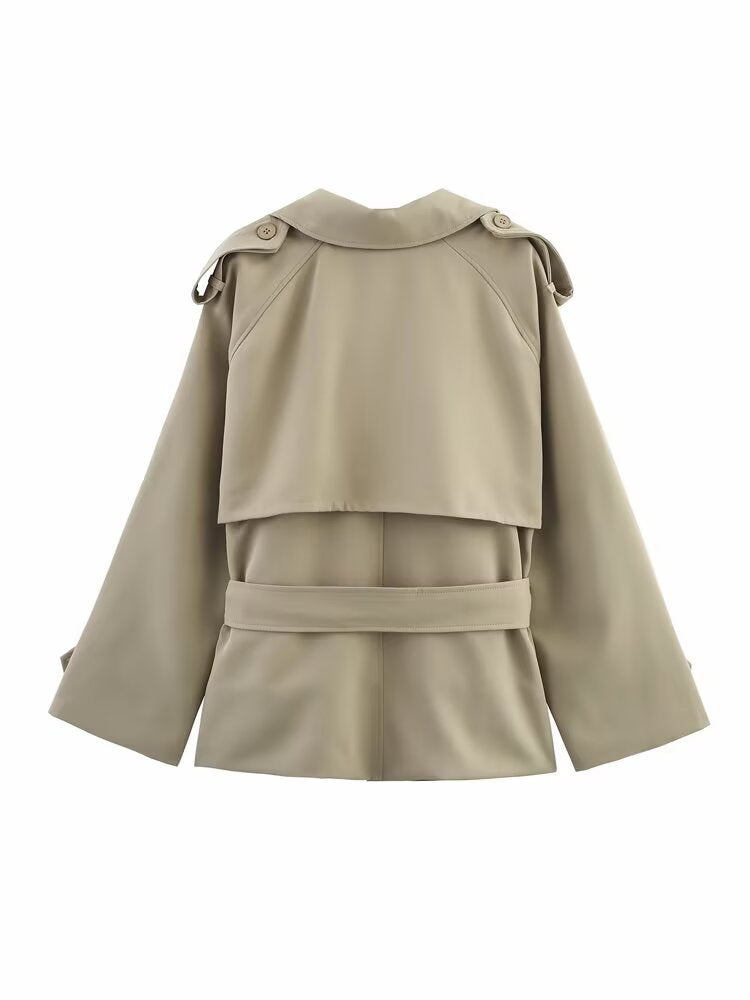 Short Trench Coat For Women - Khaki Chic Tie Waist Double Breasted Cropped Windbreaker - Spring Office Casual Outerwear 2026
