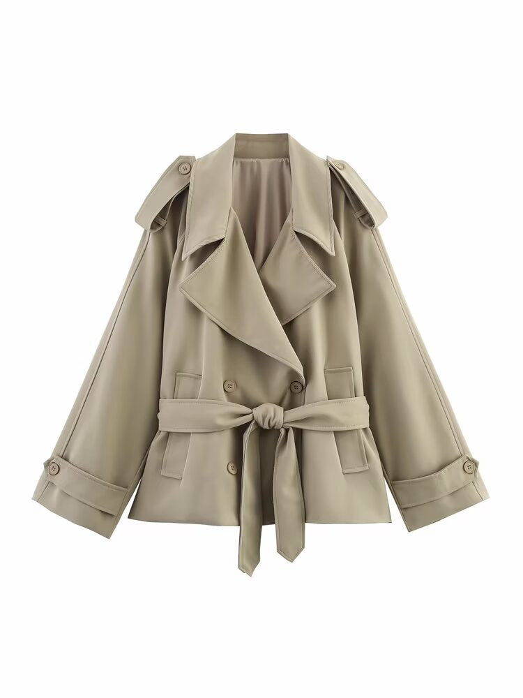 Short Trench Coat For Women - Khaki Chic Tie Waist Double Breasted Cropped Windbreaker - Spring Office Casual Outerwear 2026