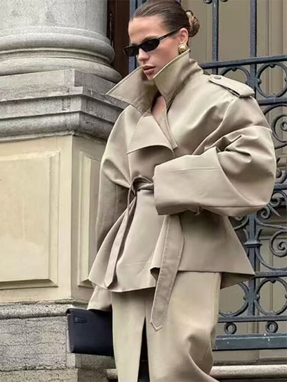 Short Trench Coat For Women - Khaki Chic Tie Waist Double Breasted Cropped Windbreaker - Spring Office Casual Outerwear 2026