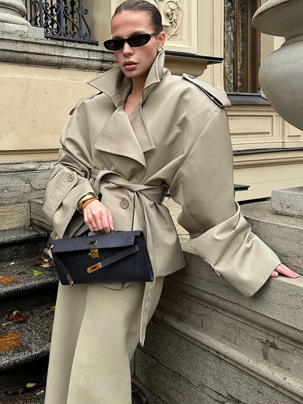 Short Trench Coat For Women - Khaki Chic Tie Waist Double Breasted Cropped Windbreaker - Spring Office Casual Outerwear 2026