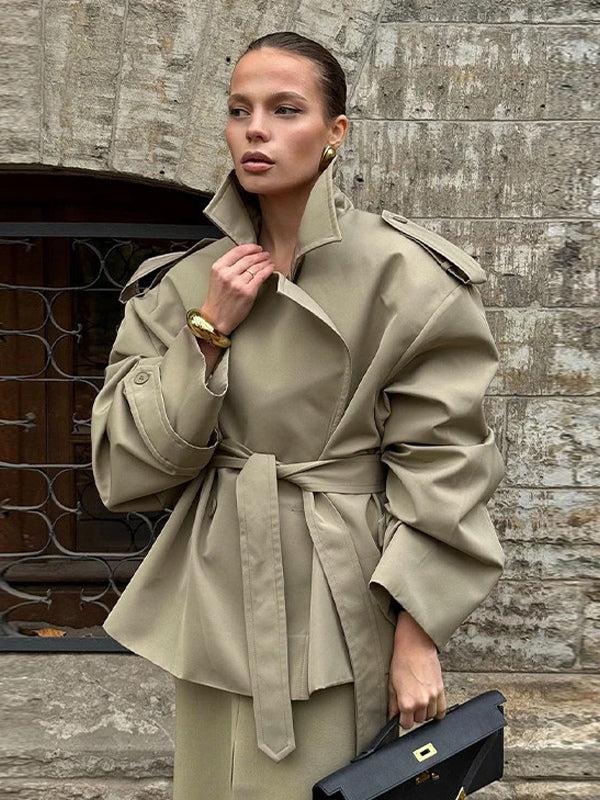 Short Trench Coat For Women - Khaki Chic Tie Waist Double Breasted Cropped Windbreaker - Spring Office Casual Outerwear 2026