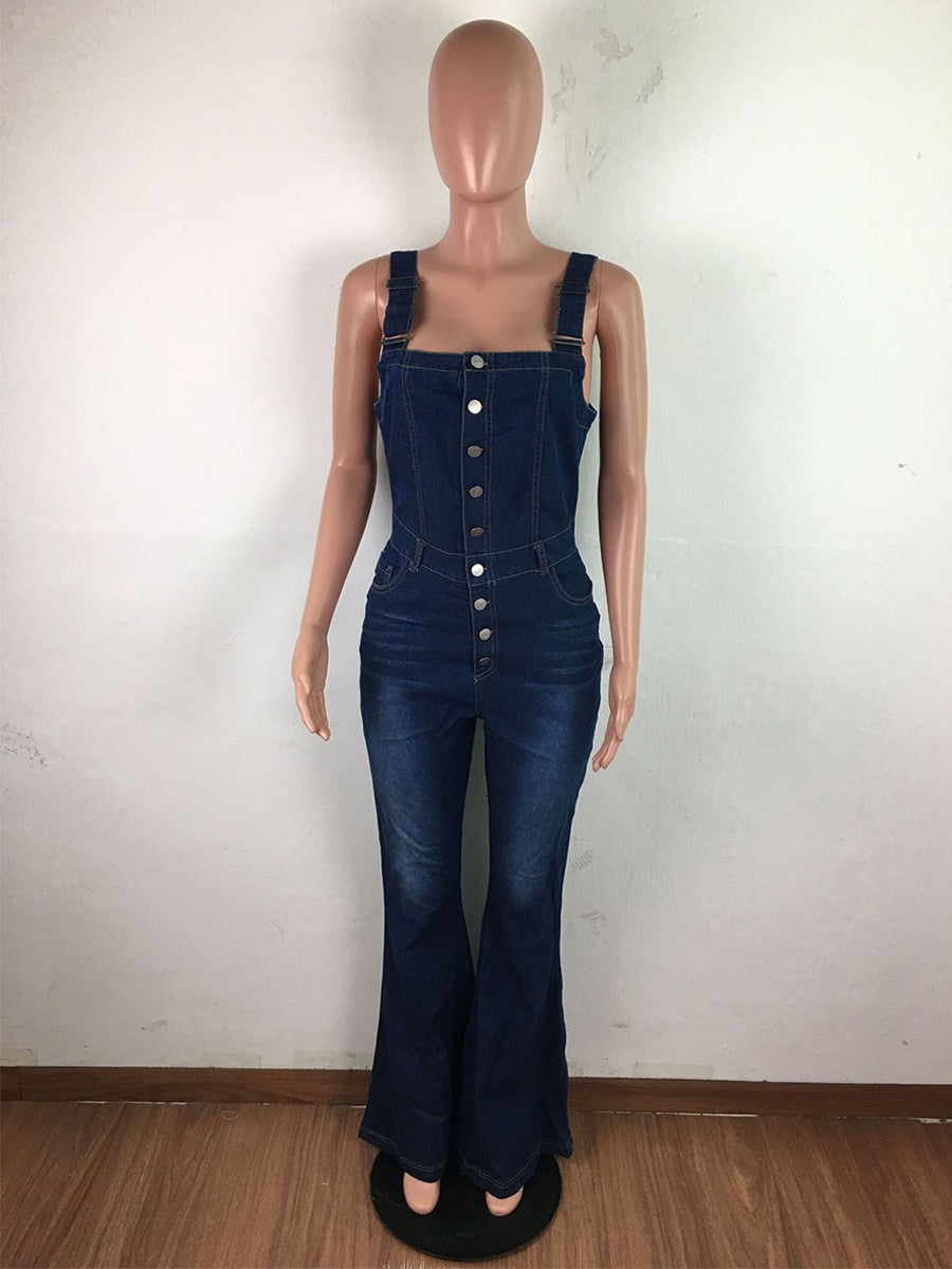 Button Up Washed Denim Jumpsuit For Women - Dark Blue Retro Bodycon Flare Leg Overalls - Summer Chic Streetwear 2026