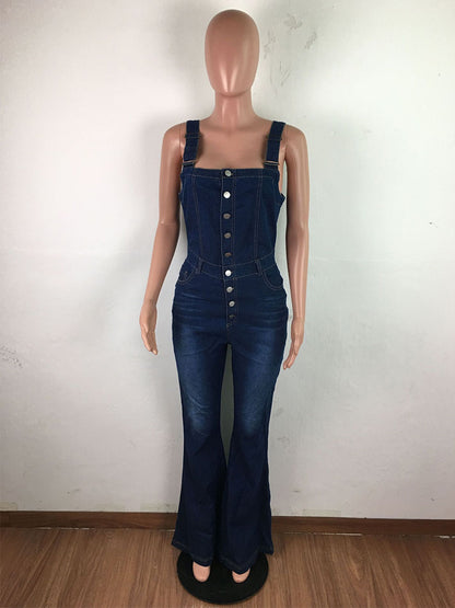 Button Up Washed Denim Jumpsuit For Women - Dark Blue Retro Bodycon Flare Leg Overalls - Summer Chic Streetwear 2026