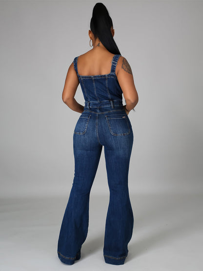 Button Up Washed Denim Jumpsuit For Women - Dark Blue Retro Bodycon Flare Leg Overalls - Summer Chic Streetwear 2026