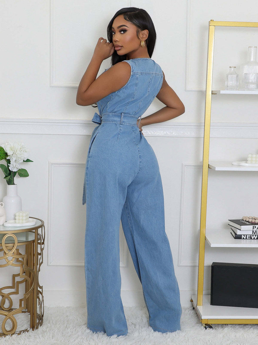 Zip Up Washed Denim Jumpsuit For Women - Light Blue Casual Belted Wide Leg One Piece - Summer Casual Streetwear 2026