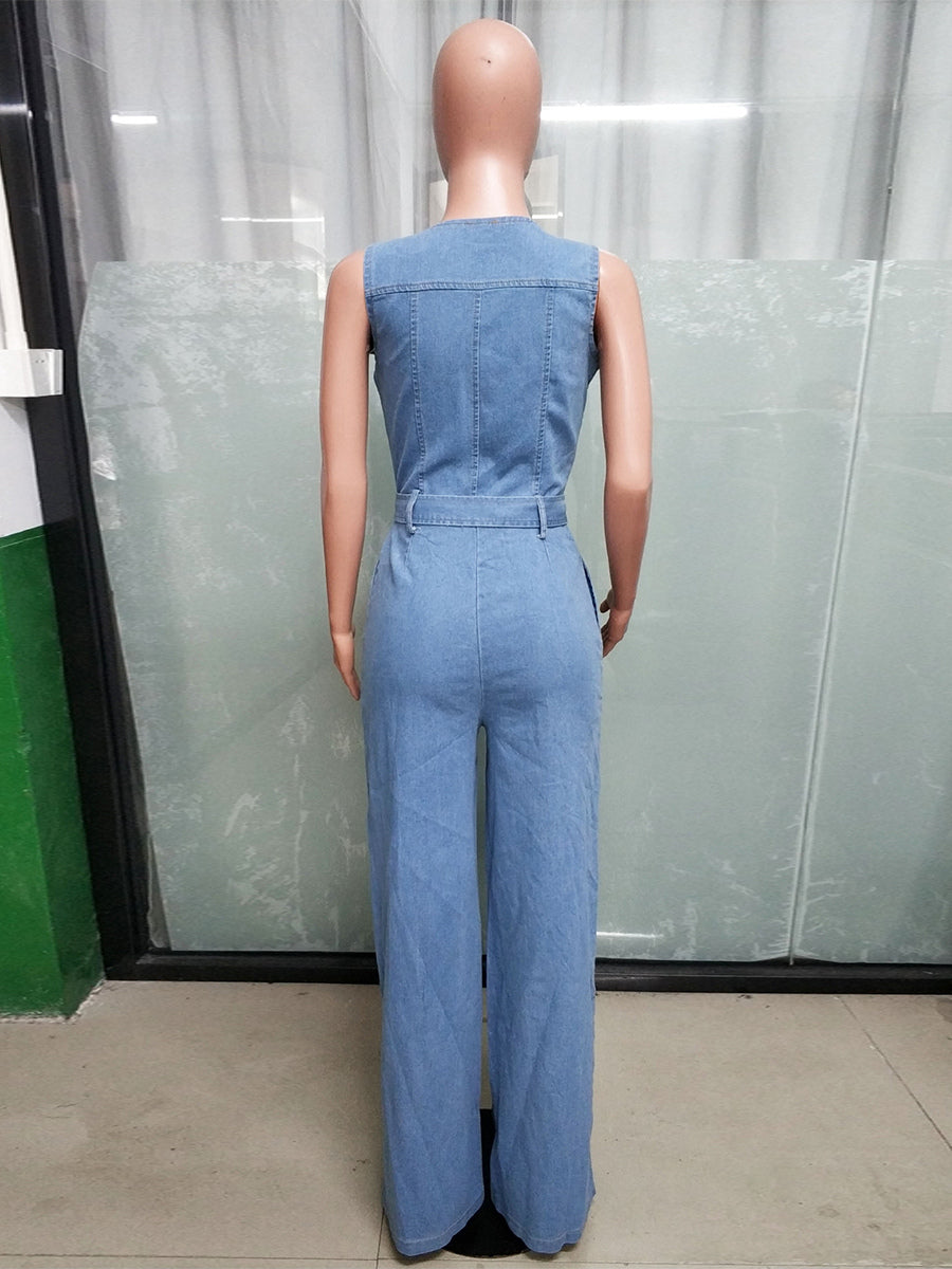 Zip Up Washed Denim Jumpsuit For Women - Light Blue Casual Belted Wide Leg One Piece - Summer Casual Streetwear 2026