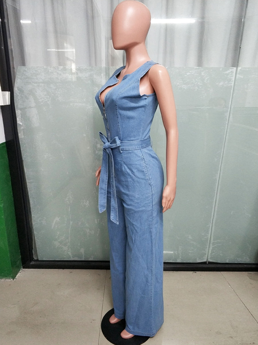 Zip Up Washed Denim Jumpsuit For Women - Light Blue Casual Belted Wide Leg One Piece - Summer Casual Streetwear 2026