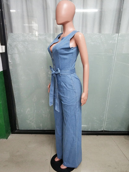 Zip Up Washed Denim Jumpsuit For Women - Light Blue Casual Belted Wide Leg One Piece - Summer Casual Streetwear 2026
