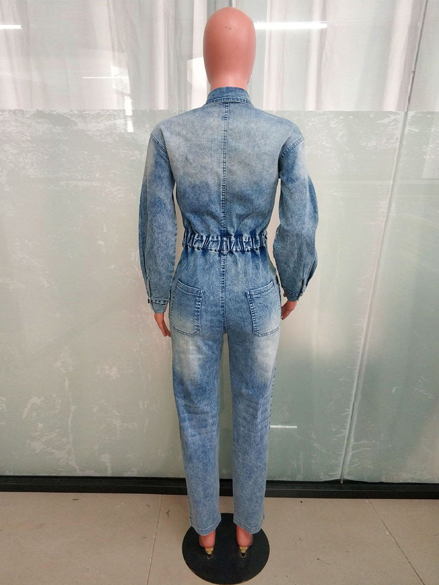 Long Sleeve Denim Jumpsuit For Women - Washed Blue Utility Elastic Waist Pencil Overalls - Spring Daily Streetwear 2026
