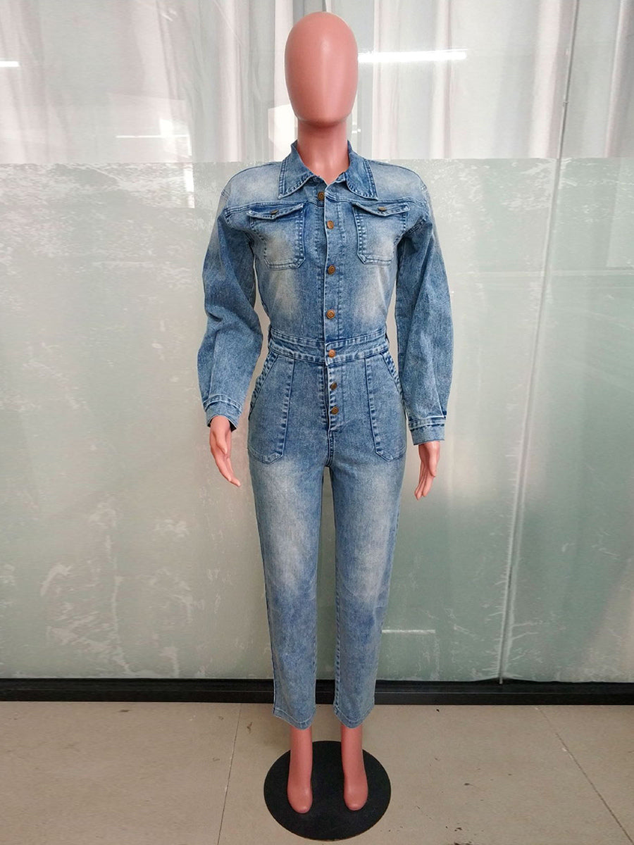 Long Sleeve Denim Jumpsuit For Women - Washed Blue Utility Elastic Waist Pencil Overalls - Spring Daily Streetwear 2026