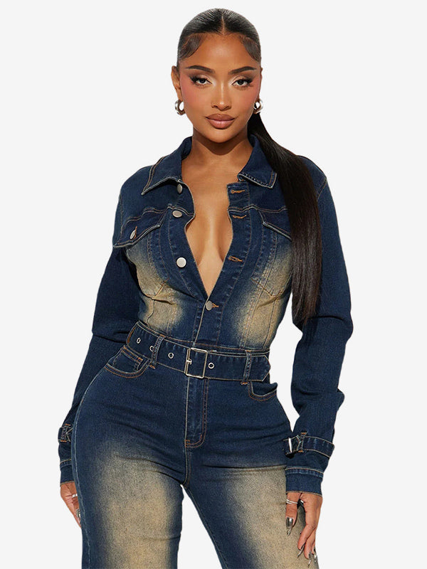 Washed Denim Jumpsuit For Women - Dark Blue Vintage Belted Long Sleeve Cargo Romper - Spring Street Fashion 2026