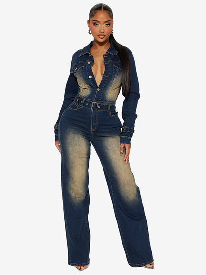 Washed Denim Jumpsuit For Women - Dark Blue Vintage Belted Long Sleeve Cargo Romper - Spring Street Fashion 2026