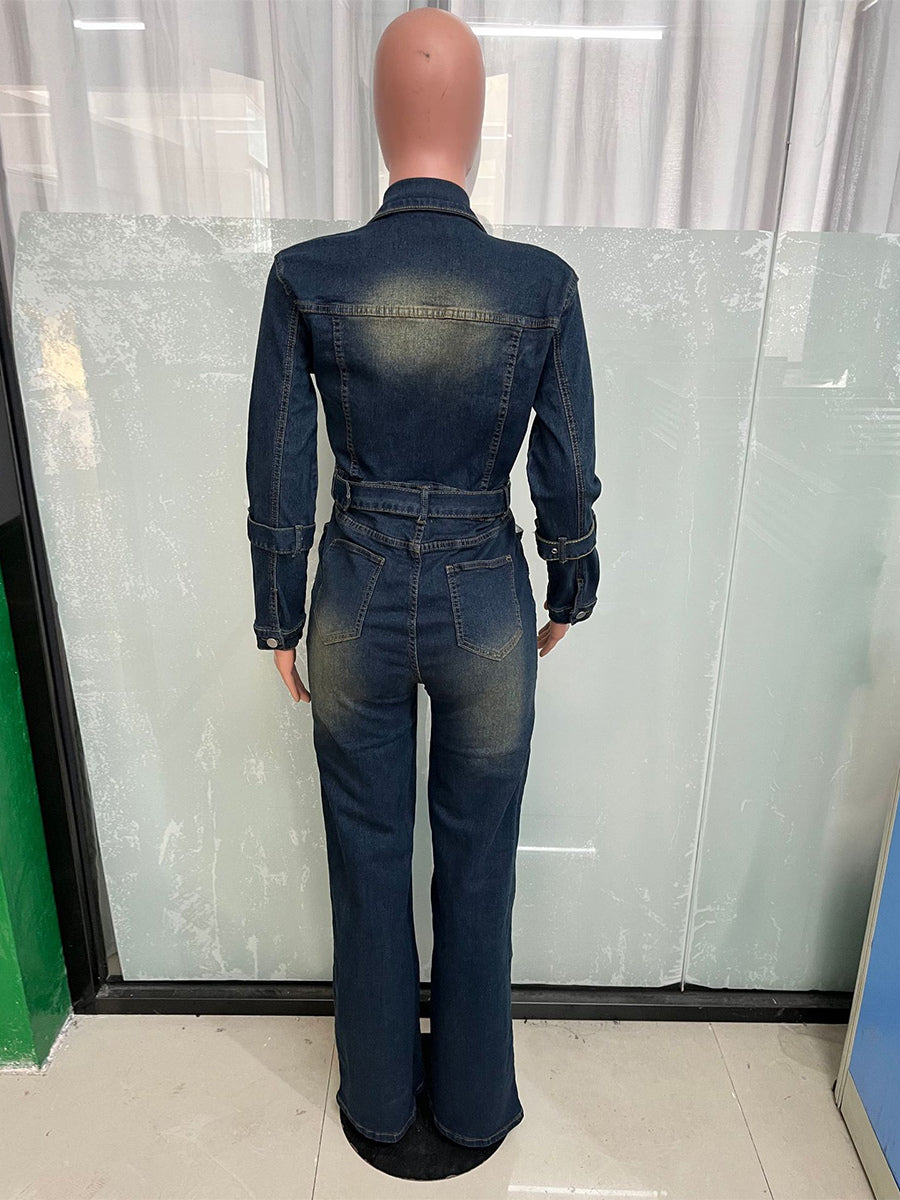 Washed Denim Jumpsuit For Women - Dark Blue Vintage Belted Long Sleeve Cargo Romper - Spring Street Fashion 2026