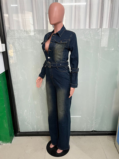 Washed Denim Jumpsuit For Women - Dark Blue Vintage Belted Long Sleeve Cargo Romper - Spring Street Fashion 2026