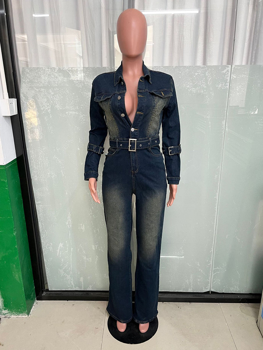 Washed Denim Jumpsuit For Women - Dark Blue Vintage Belted Long Sleeve Cargo Romper - Spring Street Fashion 2026