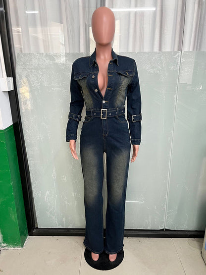 Washed Denim Jumpsuit For Women - Dark Blue Vintage Belted Long Sleeve Cargo Romper - Spring Street Fashion 2026