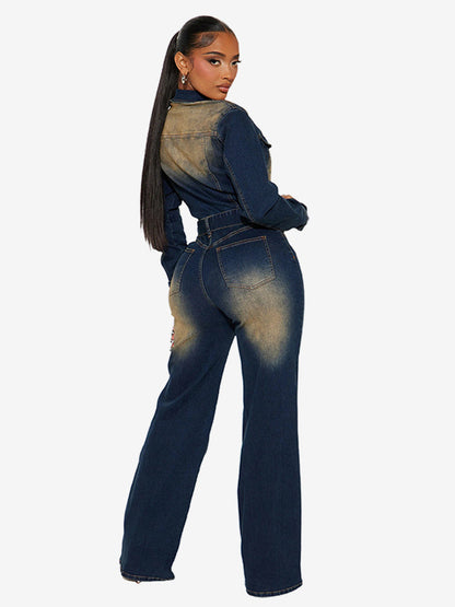 Washed Denim Jumpsuit For Women - Dark Blue Vintage Belted Long Sleeve Cargo Romper - Spring Street Fashion 2026