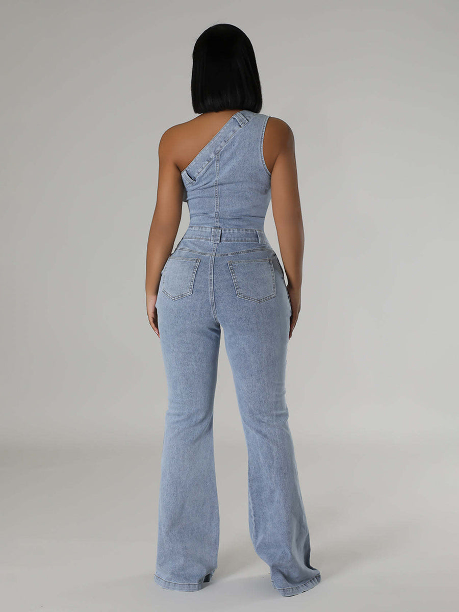 One Shoulder Washed Denim Jumpsuit For Women - Light Blue Y2K Sexy Flared Slim Romper - Summer Night Out Clubwear 2026