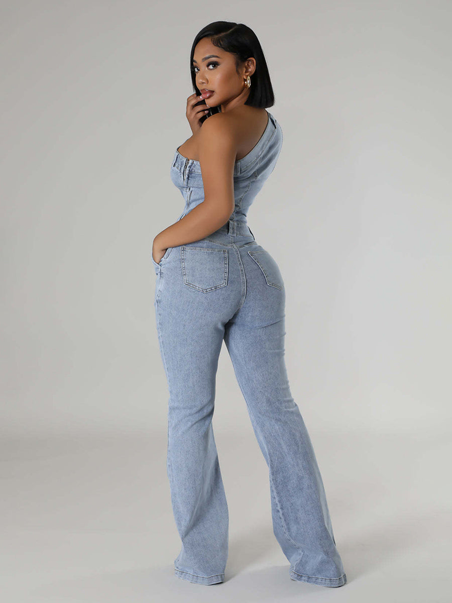 One Shoulder Washed Denim Jumpsuit For Women - Light Blue Y2K Sexy Flared Slim Romper - Summer Night Out Clubwear 2026