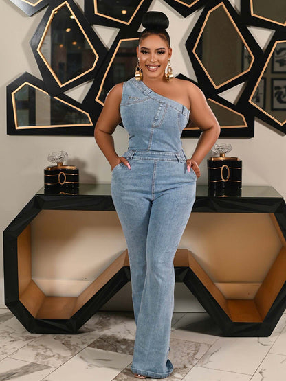 One Shoulder Washed Denim Jumpsuit For Women - Light Blue Y2K Sexy Flared Slim Romper - Summer Night Out Clubwear 2026