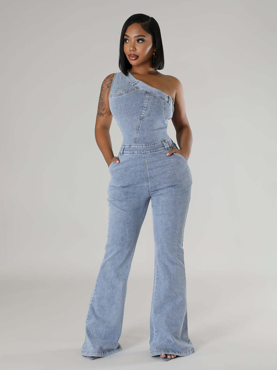 One Shoulder Washed Denim Jumpsuit For Women - Light Blue Y2K Sexy Flared Slim Romper - Summer Night Out Clubwear 2026