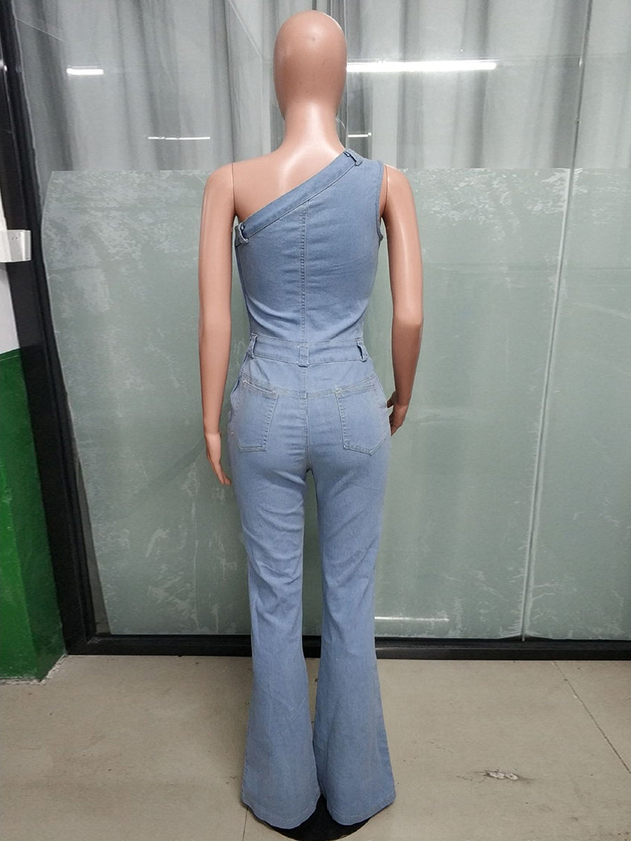 One Shoulder Washed Denim Jumpsuit For Women - Light Blue Y2K Sexy Flared Slim Romper - Summer Night Out Clubwear 2026