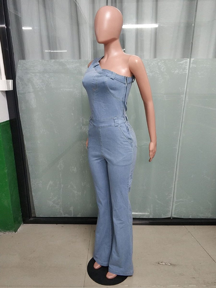 One Shoulder Washed Denim Jumpsuit For Women - Light Blue Y2K Sexy Flared Slim Romper - Summer Night Out Clubwear 2026