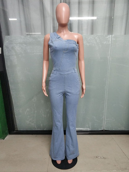 One Shoulder Washed Denim Jumpsuit For Women - Light Blue Y2K Sexy Flared Slim Romper - Summer Night Out Clubwear 2026