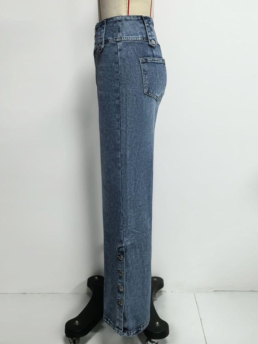 High Waisted Wide Leg Jeans For Women - Medium Blue Vintage Side Button Relaxed Denim Pants - Spring Chic Streetwear 2026