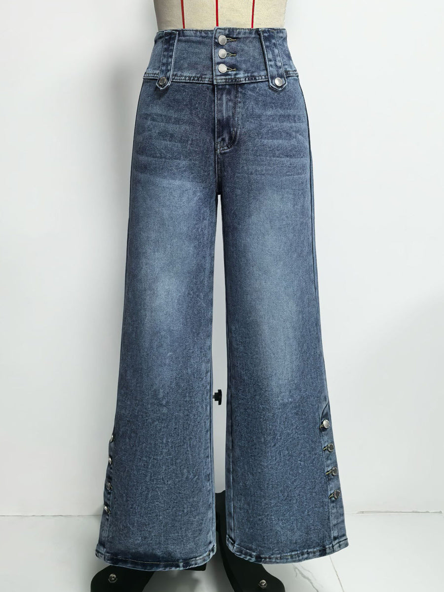 High Waisted Wide Leg Jeans For Women - Medium Blue Vintage Side Button Relaxed Denim Pants - Spring Chic Streetwear 2026