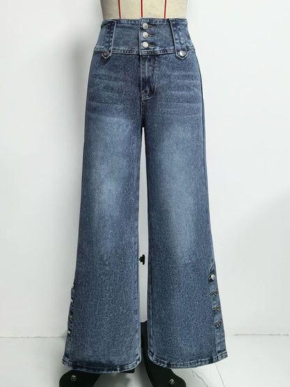 High Waisted Wide Leg Jeans For Women - Medium Blue Vintage Side Button Relaxed Denim Pants - Spring Chic Streetwear 2026