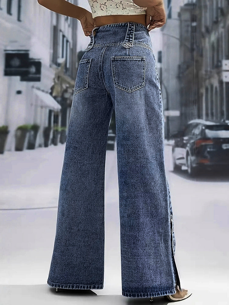 High Waisted Wide Leg Jeans For Women - Medium Blue Vintage Side Button Relaxed Denim Pants - Spring Chic Streetwear 2026