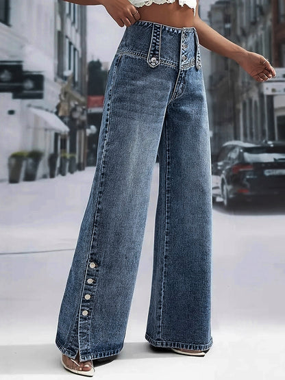 High Waisted Wide Leg Jeans For Women - Medium Blue Vintage Side Button Relaxed Denim Pants - Spring Chic Streetwear 2026
