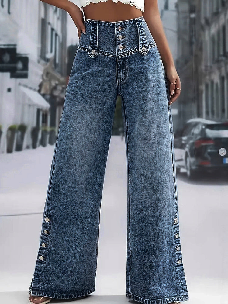 High Waisted Wide Leg Jeans For Women - Medium Blue Vintage Side Button Relaxed Denim Pants - Spring Chic Streetwear 2026