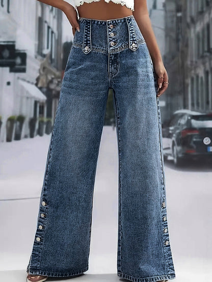 High Waisted Wide Leg Jeans For Women - Medium Blue Vintage Side Button Relaxed Denim Pants - Spring Chic Streetwear 2026