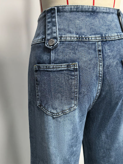 High Waisted Wide Leg Jeans For Women - Medium Blue Vintage Side Button Relaxed Denim Pants - Spring Chic Streetwear 2026