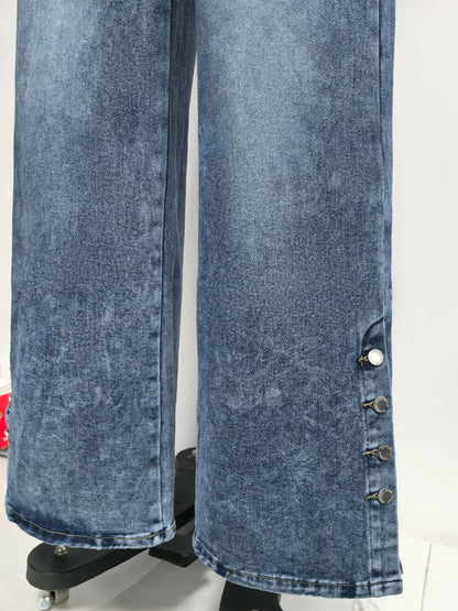 High Waisted Wide Leg Jeans For Women - Medium Blue Vintage Side Button Relaxed Denim Pants - Spring Chic Streetwear 2026