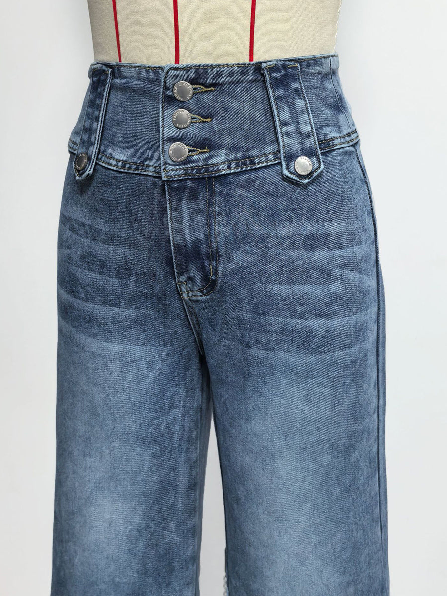 High Waisted Wide Leg Jeans For Women - Medium Blue Vintage Side Button Relaxed Denim Pants - Spring Chic Streetwear 2026