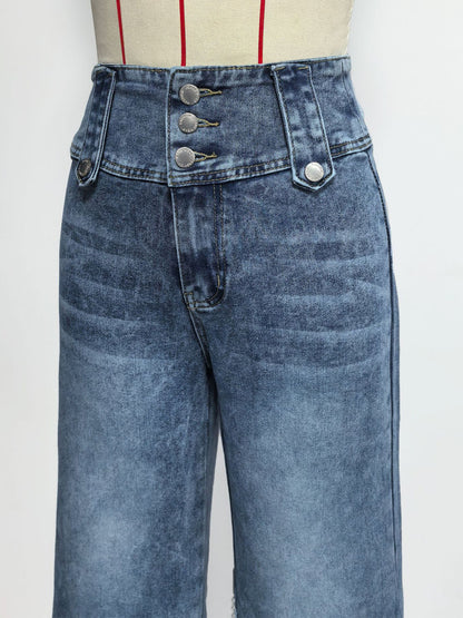 High Waisted Wide Leg Jeans For Women - Medium Blue Vintage Side Button Relaxed Denim Pants - Spring Chic Streetwear 2026