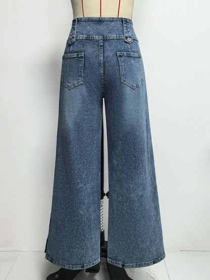 High Waisted Wide Leg Jeans For Women - Medium Blue Vintage Side Button Relaxed Denim Pants - Spring Chic Streetwear 2026