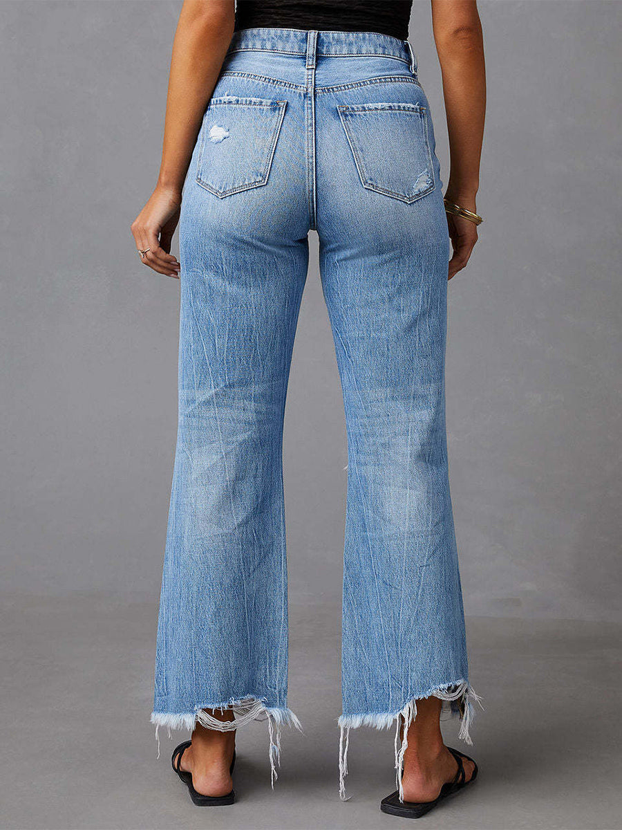 Distressed Wide Leg Jeans For Women - Light Blue High Waist Raw Hem Relaxed Fit Denim Pants - Spring Casual Streetwear 2026