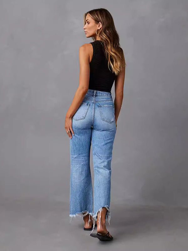 Distressed Wide Leg Jeans For Women - Light Blue High Waist Raw Hem Relaxed Fit Denim Pants - Spring Casual Streetwear 2026