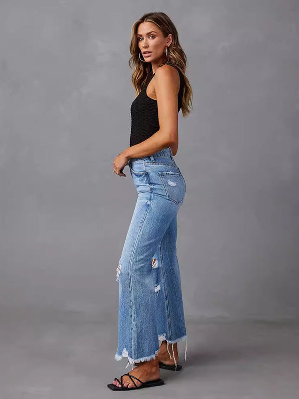 Distressed Wide Leg Jeans For Women - Light Blue High Waist Raw Hem Relaxed Fit Denim Pants - Spring Casual Streetwear 2026