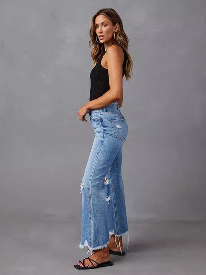 Distressed Wide Leg Jeans For Women - Light Blue High Waist Raw Hem Relaxed Fit Denim Pants - Spring Casual Streetwear 2026