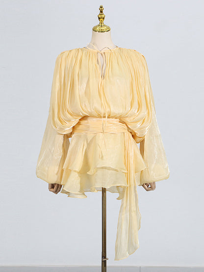 Lantern Sleeve Mini Dress For Women - Pleated Tie Waist Fit Flare - Spring Party Cocktail Outfit 2026