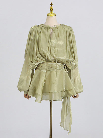 Lantern Sleeve Mini Dress For Women - Pleated Tie Waist Fit Flare - Spring Party Cocktail Outfit 2026